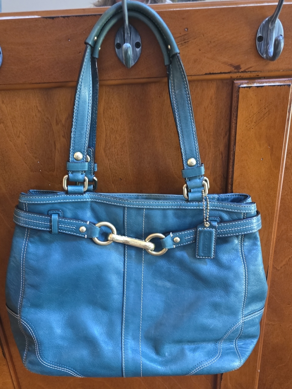 Coach Teal Leather Shoulder Bag with Gold-Tone Hardware